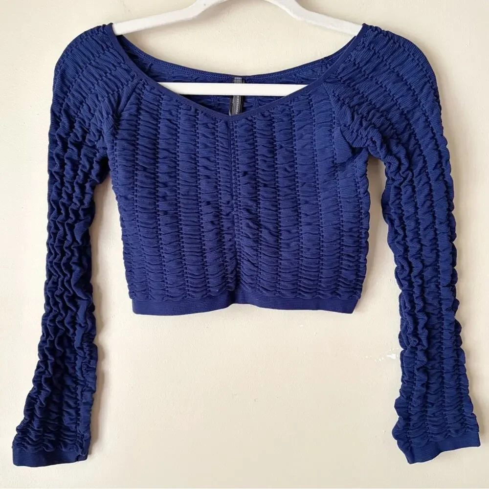 Anthropologie | Shirred Textured Long Sleeve Crop Top Boho Navy Blue L/XL NWT
